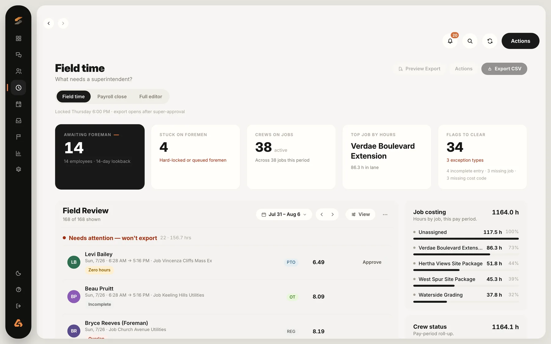 siteOS Admin — Field time review